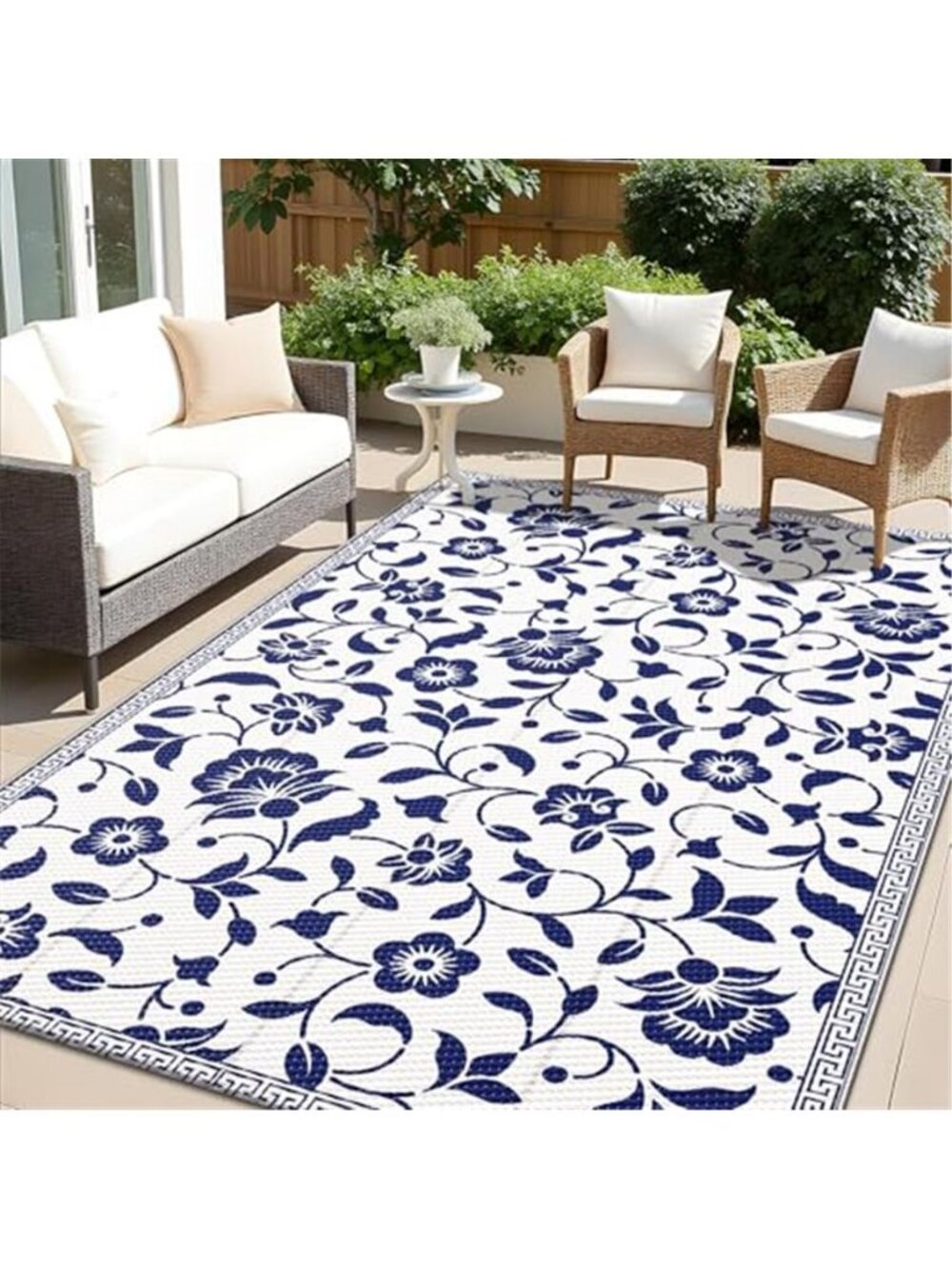 Waterproof Outdoor Rug 5x8 ft, Outdoor Plastic Straw Rug with Flower Pattern